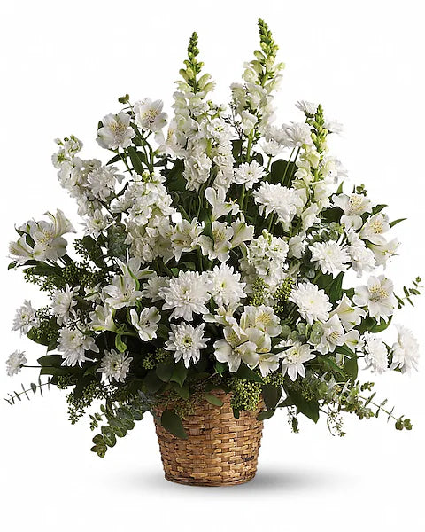 white flowers in a woven basket