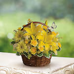 Bouquet of yellow flowers in a woven basket