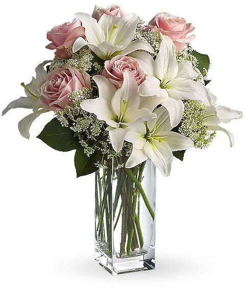 white lilies and pink roses